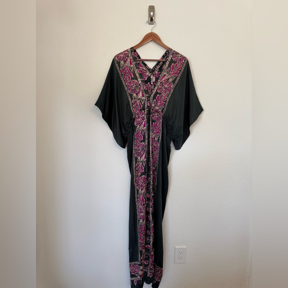 Lotta Stensson Women's XS 100% Silk Boho Kimono Swim Cover Up Grey With Floral